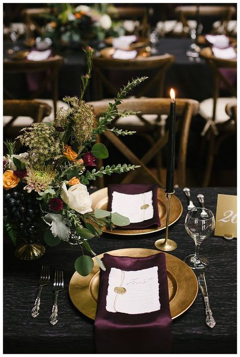 Tabletop wedding decor | Gold Wedding place settings | metallic burgundy tablescape with-taper candles | Eggplant and Gold Industrial Wedding in Detroit Eggplant And Gold Wedding, Industrial Wedding Table, Eggplant Wedding, Gold And Burgundy Wedding, Gold Wedding Centerpieces, Industrial Wedding Decor, Wedding Candles Table, Minimalist Wedding Decor, Gold Wedding Theme