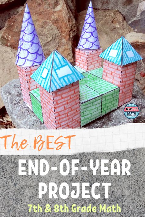 Looking for an end of the year activity? Have students create a castle from geometric nets, count faces, edges & vertices, and then calculate the surface area and volume! Make it a competition to make this project PERFECTLY engaging for your students!  #taylorjsmathmaterials #middleschoolmath #7thgrademath #8thgrademath #mathactivities #mathproject #surfacearea #volume #endoftheyearproject End Of The Year Math Projects, Area And Volume Activities, End Of Year Math Projects Middle School, Surface Area And Volume Projects, Geometry Projects Middle School, Middle School Math Projects, Surface Area Activities, Math Projects Middle School, Middle School Geometry