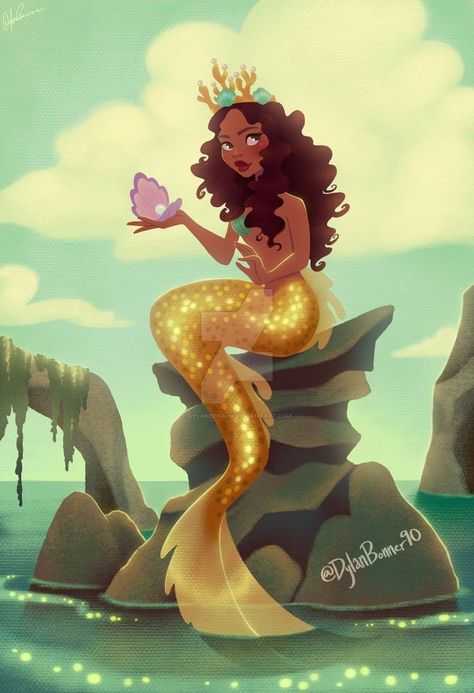 Golden mermaid with a beautiful ethnic look Mermaid Tail Drawing, Dylan Bonner, Disney Designer Collection, Yellow Mermaid, Mermaid Ideas, Mermaid Artwork, Mermaid Room, Mermaid Drawings, Black Mermaid