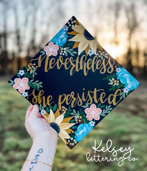 "Custom Hand painted Graduation Cap TOPPER (cardstock) **Please review the entire description before ordering IF YOU NEED YOUR TOPPER DELIVERED BEFORE A SPECIFIC DATE, PLEASE CONTACT ME TO MAKE SURE I CAN GET IT SHIPPED IN TIME! Turn around time is 1-2 weeks! And shipping can take 2-4 days depending on your location! If you need if before the time I have listed to ship, for example: (5-10 days after order placed, you will likely need to order the rush shipping!) *FOR REVIEWS AND MORE OF MY WORK, VISIT: @kelseyletteringco on Facebook or Instagram  * GRADUATION CAP IS NOT SUPPLIED BY ME! THIS IS HAND PAINTED ON CARDSTOCK THAT YOU ATTACH TO YOUR OWN CAP WITH ADHESIVE STRIPS *  **Some of the pictures in the description may be hand painted on actual graduation caps. I do this for local customer Graduation Quote Ideas, Painted Graduation Cap, Graduation Cap Designs College, Graduation Cap Ideas, Custom Graduation Caps, Diy Graduation Cap, Sunflowers And Daisies, Graduation Cap Toppers, Graduation Cap Designs