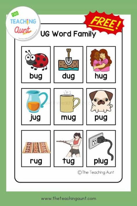 UG Word Family List - The Teaching Aunt Ug Words Worksheet, Ug Family Words Worksheet, Ug Family Words, Ug Word Family, Writing Cvc Words Worksheets, Word Family Sort, Word Family List, Writing Cvc Words, Cvc Words Worksheets