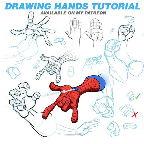 Patrick Brown posted on Instagram: “There's a new tutorial available on my Patreon right now, this week I covered how to draw hands.…” • See all of @patrickbrownart's photos and videos on their profile. Spiderman Hand, Patrick Brown, Spiderman Poses, Hands Tutorial, Drawing Superheroes, Draw Hands, Drawing Hands, Comic Book Collection, Comic Book Art Style