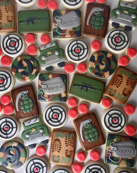 Call Of Duty Cookies Decorated, Army Royal Icing Cookies, Army Decorated Cookies, Camo Cookies Decorated, Call Of Duty Cookies, Army Cookies, Camo Cookies, Camo Birthday Party, Paintball Birthday