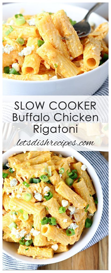 Slow Cooker Buffalo Chicken Rigatoni Creamy Buffalo Sauce, Chicken Rigatoni, Buffalo Chicken Sauce, Chicken Potato Soup, Slow Cooker Buffalo Chicken, Chicken Potato Casserole, Blue Cheese Crumbles, Rigatoni Recipes, Crockpot Pasta