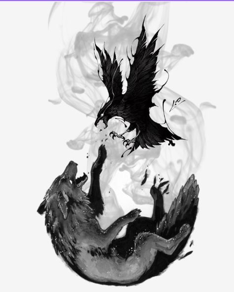 Raven and wolf, b&w, tattoo idea Large Raven Tattoo, Raven Tattoo Nevermore, Shadow Wolf Tattoo, Back Raven Tattoo, Wolf And Bird Tattoo, Wolf And Raven Tattoo Design, Wolf And Raven Tattoo Norse Mythology, Tattoo Ideas Raven, Wolf With Wings Tattoo