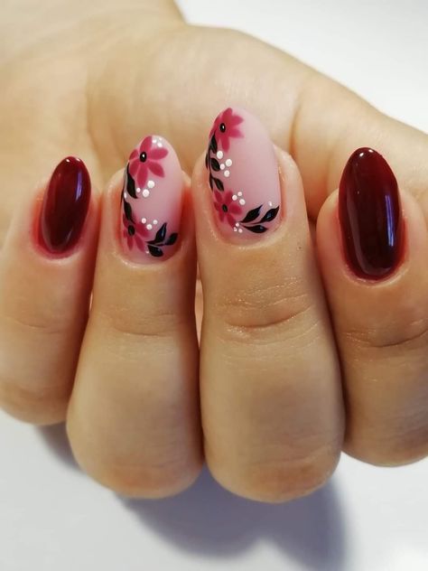 Red Wine Nail Designs, Switzerland Nails, Persephone Nails, Red Floral Nails, Plum Nails, September Nails, November Nails, Fall Nail Trends, Fancy Nails Designs