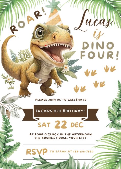 Perfect for your little one's upcoming 4th birthday bash, this T-Rex-themed invite is ready to bring some dino-mite fun to the party! Easy to edit in Canva. Download and print on cardstock on your home computer or local print shop! Dinasour 4th Birthday Ideas, 4 Year Dinosaur Birthday Party, Four Year Old Dinosaur Birthday, 4th Birthday Dinosaur Party, Dinosaur 4th Birthday Party, Dinosaur Birthday Invite, 4th Birthday Party For Boys, Dino Birthday Invitations, 4th Birthday Boys