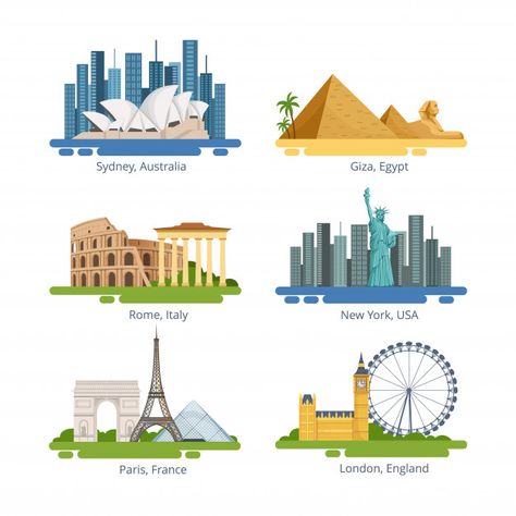 Landmark Illustration, Different Cities, Retail Store Interior Design, World Icon, Famous Monuments, History Facts Interesting, City Logo, Pottery Painting Designs, Famous Buildings