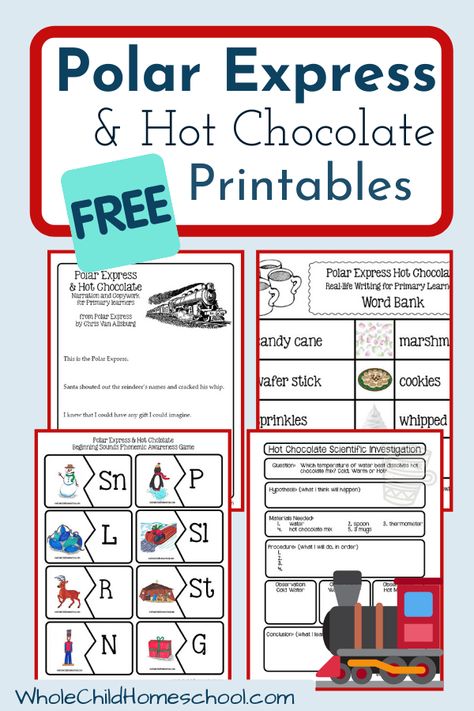 Use this Free Polar Express & Hot Chocolate Unit Study for preK-2nd grade homeschool families to create a new Christmas tradition of studying chocolate and the Polar Express story for an easy and relaxing holiday homeschool season. #printables #homeschool #christmas #free Polar Express Worksheets Free Printable, Polar Express Bingo Free Printable, Winter Homeschool Unit, Christmas Homeschool Unit Studies, Polar Express Kindergarten, Christmas Homeschool Activities, Oregon Trail Unit Study, Polar Express Hot Chocolate, Christmas Lights Scavenger Hunt