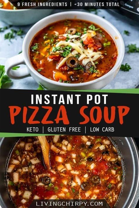 This is a healthy Instant Pot Pizza Soup recipe – an easy, delicious and hearty one pot meal that. 9 fresh ingredients 15 minutes in the Instant Pot. Low-Carb. Keto. Gluten-Free. (Paleo approved if you skip the cheese on top.) Instant Pot Pizza, Pizza Soup Recipe, Gluten Free Instant Pot, Pizza Soup, Healthy Instant Pot, Instant Pot Soup Recipes, One Pot Meal, Instant Pot Soup, Low Carb Breakfast Recipes