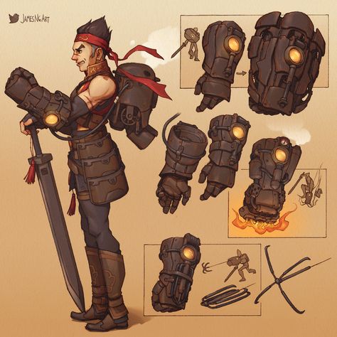 #Steampunk adventurer with power glove and backpack design. @JamesNgArt #ConceptArt #CharacterDesign Steampunk Rpg, Steampunk Adventurer, Dieselpunk Art, Steampunk Gloves, Power Glove, Steampunk Character, Steampunk Illustration, Interesting Characters, Backpack Design