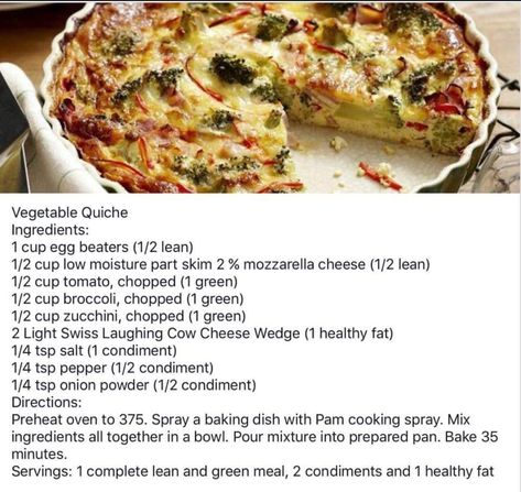 Optavia 5&1 approved Vegetable Quiche Recipes, Medifast Recipes, Veggie Quiche, Lean Protein Meals, Green Breakfast, Vegetable Quiche, Lean And Green, Lean Meals, Lean And Green Meals