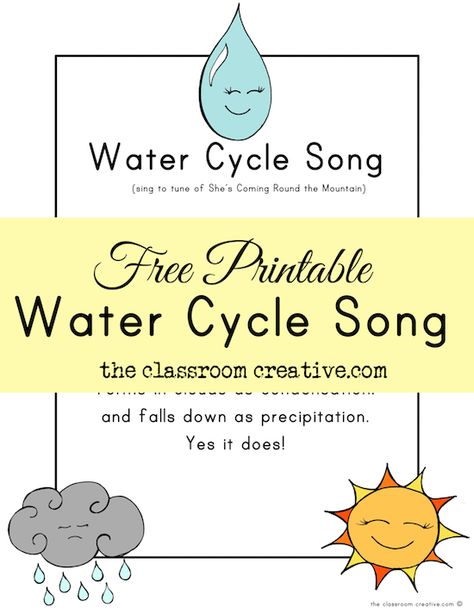 free printable water cycle song theclassroomcreative.com Water Cycle Song, Kindergarten Weather, Rain Cycle, Weather Experiments, Water Unit, The Water Cycle, Weather Words, Weather Unit, 1st Grade Science