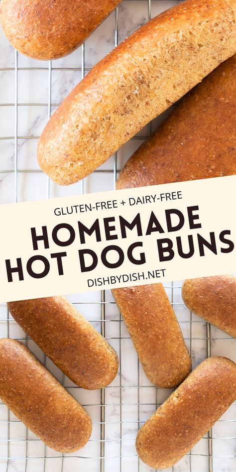 Incredibly soft and fluffy gluten-free hot dog buns that are perfect for summer grilling parties. Super easy to make, these fantastic buns taste amazing, so bake a few batches and freeze to enjoy homemade hot dog buns anytime! Totally dairy-free too. Gluten Free Hot Dog Buns Recipe, Gluten Free Hot Dog Buns, Gluten Free Hot Dogs, Homemade Hot Dog Buns, Gluten Free Bread Recipe Easy, Hot Dog Buns Recipe, Homemade Hot Dogs, Gluten Free Dough, Gluten Free Yeast Free