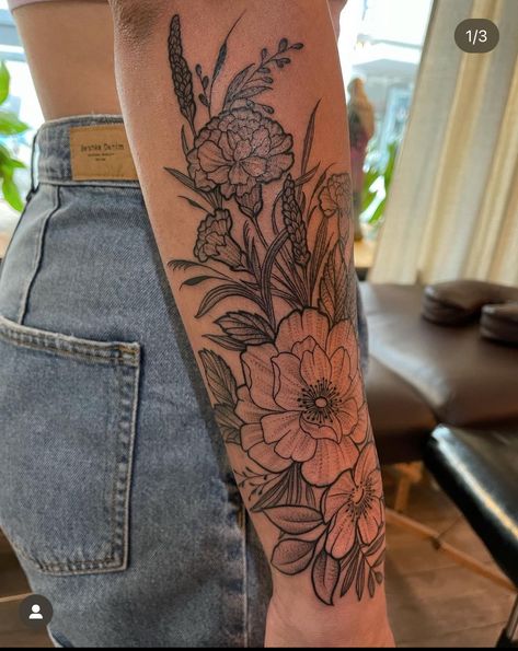 Floral Sleeve Tattoo Forearm, Bold Forearm Tattoo Women, Floral Tattoo Sleeve Forearm, Flower Tattoos Filler, Elbow Sleeve Tattoos For Women, Medium Shoulder Tattoo, Shoulder Cap Half Sleeve Tattoo, Woman’s Forearm Half Sleeve, Tattoo Ideas Flower Sleeve