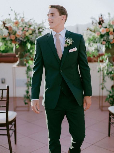 Groom wearing an emerald green suit with a gold tie and brown accessories and a floral detailed pocket square from Friar Tux.Tiny Rooftop Wedding at the Canary Hotel in Santa Barbara, California. Images by Chris Evans and design by Tyler Speier. Modern luxury elopement with large floral installations and warm color palette. Green Suit Pink Tie, Emerald Green Suit, Green Tux, Green Suit Men, Luxury Elopement, Bride Vibes, Blush Tie, Tiny Wedding, Floral Installations