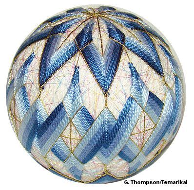 Temari: simple 16 division - pattern GT12 (Temarikai.com) - kiku design and nejiri style Simple Division, Japanese Decoration, Temari Patterns, Temari Ball, Temari Balls, Japan Crafts, Quilted Ornaments, Thread Art, Japanese Embroidery