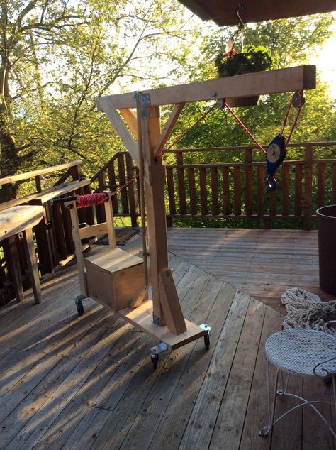 The pulley grocery lifter my son made for me to get packages upstairs! Thanks Jonathan! Balcony Grocery Hoist, Chateau Exterior, Garage Workshop Organization, Diy Balcony, Stair Lift, Gantry Crane, Pulley System, Crane Design, Construction Diy