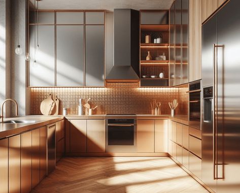 Copper Backsplashes: Ideas, Styles, and Care Tips Truffle Kitchen Cabinets, Copper And White Kitchen, Copper Tin Backsplash, Homey Touches, Copper Tile Backsplash, Copper Kitchen Backsplash, Copper Interior, Copper Backsplash, Copper Tiles