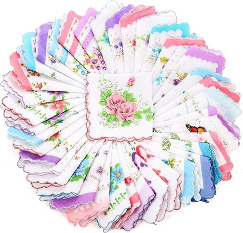 Goaste 40 Pack Cotton Handkerchiefs, 11.5" Women Hankies with Vintage Floral Print, Ladies Tea Party Hanky with Wavy Edge, Pocket Square Towel for Gifting, Weddings, Home Decor at Amazon Women’s Clothing store Amazon Woman, Flower Handkerchief, Ladies Handkerchiefs, Wedding Hankies, Vintage Hankies, Embroidered Handkerchief, Floral Squares, Vintage Handkerchiefs, Floral Retro