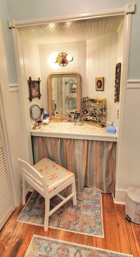 Our Old House | My vanity area was a coat closet when we bought the house Closet Turned Vanity, Closet To Vanity, Vanity Inside Closet, Vanity In Closet, Vanity Closet, Closet Vanity, My Vanity, Vanity Area, Coat Closet