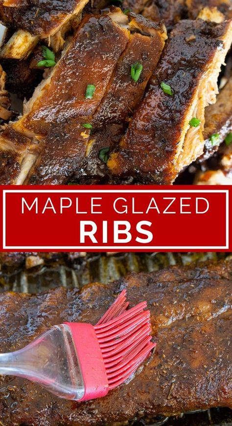 These oven baked Maple Glazed Ribs are very easy to make with just 4 ingredients and always come out fall-off-the-bone tender and so tasty. Oven baked ribs is the best way to make ribs. This easy rib recipe needs just 4 ingredients and is super easy to make. If you're looking for baby back ribs recipes, glazed ribs recipes, tender ribs recipes, or recipes using maple syrup, give these amazing ribs a try! Pork Back Ribs Oven, Recipes Using Maple Syrup, Easy Rib Recipes, Tasty Oven, Back Ribs In Oven, Ribs Recipe Oven, Baked Pork Ribs, Ribs In The Oven, Easy Ribs