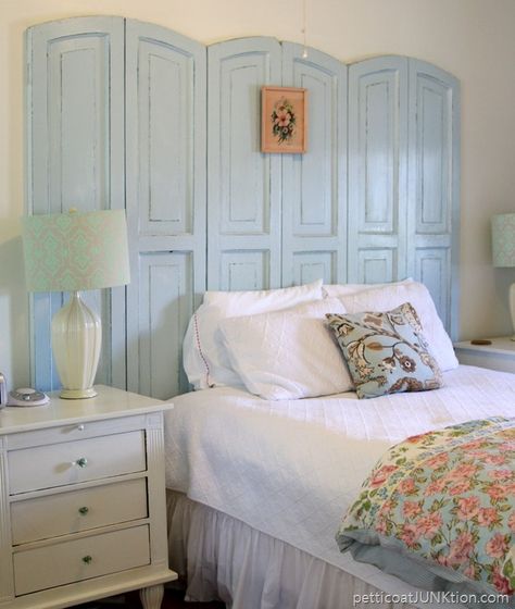 Pretty Tybee Island Cottage And Sightseeing Vintage Shutters, Diy Shutters, Small Dresser, Style Nightstand, Old Shutters, Cottage Bedroom, Diy Headboard, Tybee Island, White Bedding