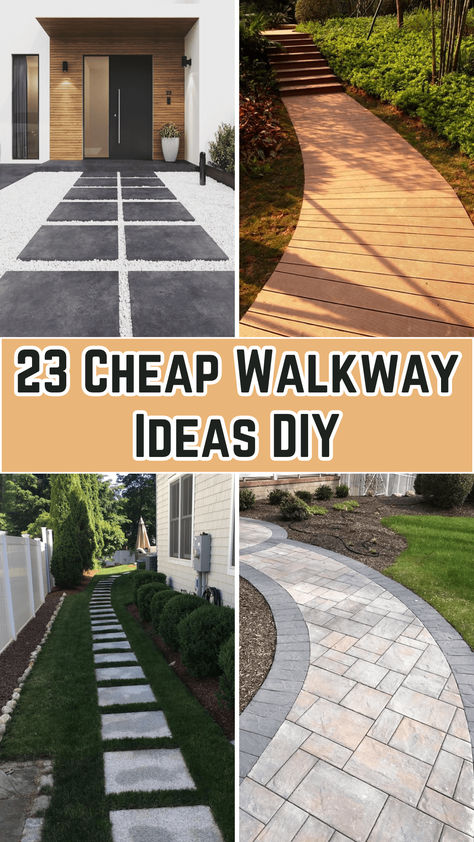 An outdoor garden walkway made of gravel with stepping stones placed neatly in a zigzag pattern. Lush green plants line the sides of the path, adding a natural and inviting feel to the yard. Cheap Sidewalk Ideas, Sidewalk Stones Pathways, Easy Diy Pathway Walkways, Small Walkway Ideas, Diy Side Walk Walkways, Flagstone Front Walkway, Rock Pathways Walkways, Deck Walkway Ideas, Rubber Walkway Paths