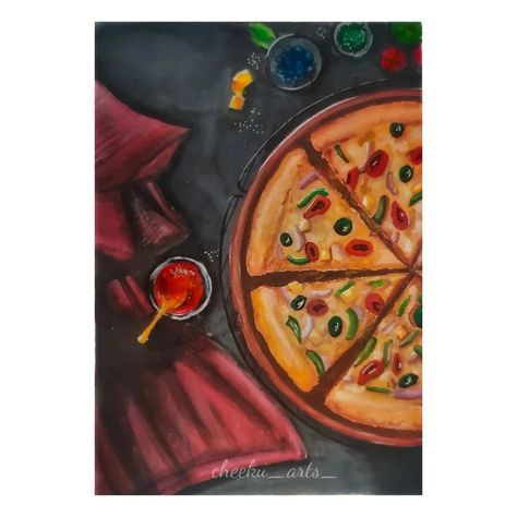 An acrylic painting of  a Pizza on the table with sauce grapes and butter on plates Pizza Painting Realistic, Pizza Watercolor Painting, Pizza Painting Acrylic, Food Painting Acrylic, Realistic Food Painting, Pizza Painting, Badminton Pictures, Jellyfish Aesthetic, Food Art Painting