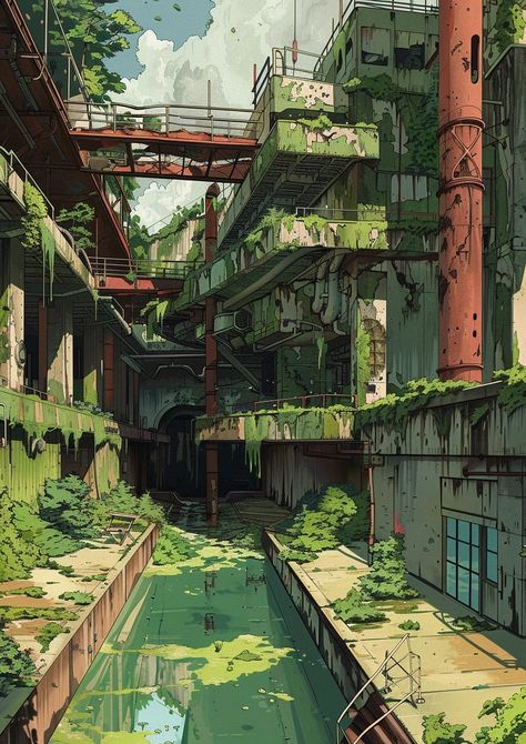 Apocalyptic City Art, Overgrown City Drawing, Overgrown Battlefield, Post Apocalyptic Forest Village, City Concept Art Modern, Flooded City Concept Art, Solarpunk Apocalypse, Post Apocalyptic City Concept Art, Overgrown Post Apocalyptic