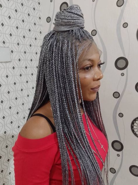 Knotless Braided Wig Gray Wig. Length Is 28¡±long.made on a frontal. Gray Knotless Box Braids, Grey Hair Braids Black Women, Grey Knotless Braids, Gray Box Braids, Grey Braids, Grey Box Braids, Grey Hair Braids, Knotless Braided Wig, Twisted Braids