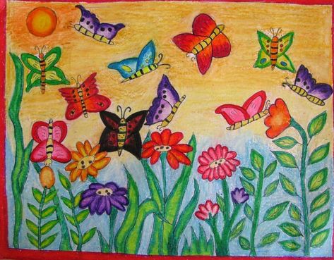 The colourful world of butterflies .  #crafts2dio #oilpastels #shading #kids #art Butterfly Park Drawing, Butterfly Park Drawing For Kids, Park Drawing, Butterfly Park, Mandala Doodle, Garden Drawing, Butterfly Kids, Butterfly Drawing, Oil Pastels