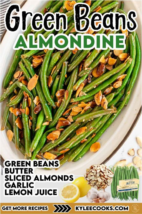 Green Beans Almondine: tender green beans, toasted almonds, and a hint of lemon 🍋.  A perfect side dish! Green Beans Almonds, French Side Dishes, Green Beans Side, Green Beans With Almonds, Green Beans Almondine, Green Beans Side Dish, Sides Recipes, Veggie Tales, Frozen Green Beans