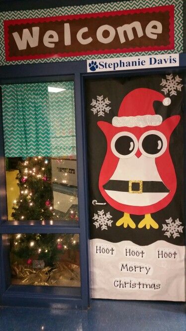 Christmas classroom door decoration Santa Owl Door Decorations Classroom Kindergarten, Owl Door Decorations Classroom, Owl Door Decorations, Holiday Classroom Doors, Owl Classroom Decor, Fall Classroom Door, Door Classroom, Door Decorations Classroom Christmas, Classroom Preschool