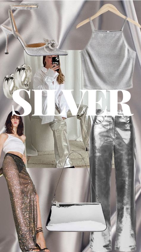 Silver Shoes Outfit 2023, Silver Trousers Outfits, Silver Skirt Outfit Metallic, Silver Skirts, Silver Shoes Outfit, Silver Handbags, Silver Trousers, Mirror Bag, Glitter Mirror