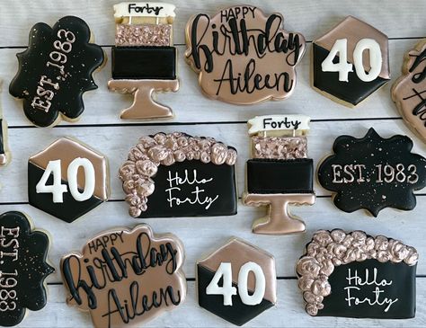 40th Bday Cookies, 40th Cookies, Birthday Royal Icing Cookies, 40th Birthday Cookies, Bday Cookies, 40th Bday Ideas, Happy Birthday Cookie, Happy 40th, 40th Birthday Parties