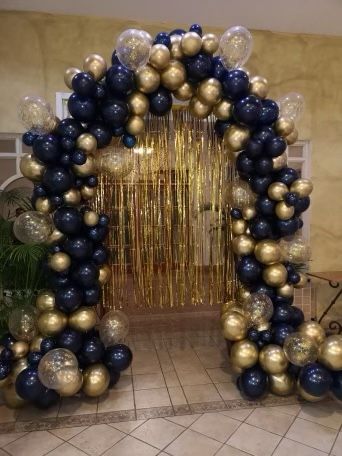 Blue Gold Silver Party Decorations, Starry Night Balloons, Blue And Gold Prom Decorations, Starry Night Balloon Arch, Dark Blue Party Decorations, Farewell Theme, Grad Decorations, Farewell Decorations, Gold Theme Party