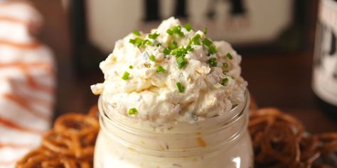 There's nothing you won't want to dip in this. Pub Beer Cheese, Chilled Dips, Potato Skin Bites, Irish Appetizers, Beer Cheese Recipe, Pub Cheese, Party Dip Recipes, Beer Cheese Dip, Crowd Pleasing Recipes