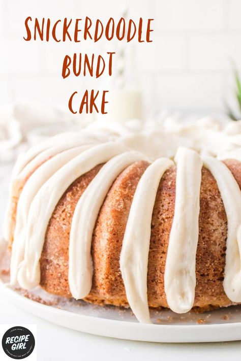 snickerdoodle bundt cake with frosting Nothing Bundt Cake Icing Recipe, Snickerdoodle Bundt Cake, Bunt Cake Recipe, Snickerdoodle Cake, Easy Bundt Cake Recipes, Easy Bundt Cake, Cinnamon Icing, Bundt Cake Recipe, Snickerdoodle Recipe