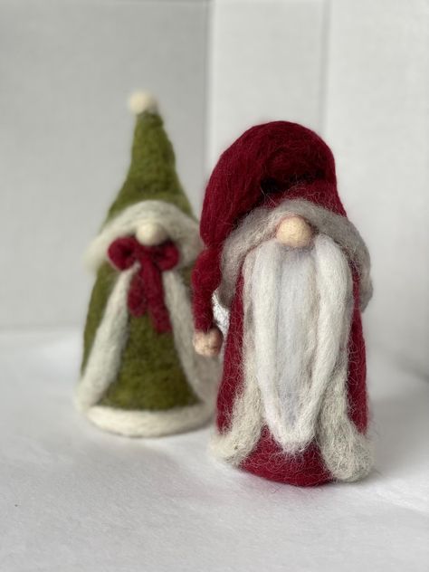 This cute woodland gnome "Mr & Mrs" set is hand felted from premium wool.  They reflect an old fashioned Christmas.  Each are sold separately but,  are the perfect pair to add to your HOLIDAY decorating! I make these to order. It will take approximately 2 weeks to complete and get them to you.  Each gnome is one-of-a-kind! Please keep in mind that no two gnomes are exactly the same :).  I will send photo updates and keep you updated on the progress.  I can also adjust the color of any part of th Felted Santa Claus, How To Make Felt Knomes, Needle Felted Christmas Gnomes, Needle Felt Santa, Felted Christmas, Felted Gnomes, Needle Felted Christmas Decorations, Christmas Needle Felting, Felted Christmas Ornaments