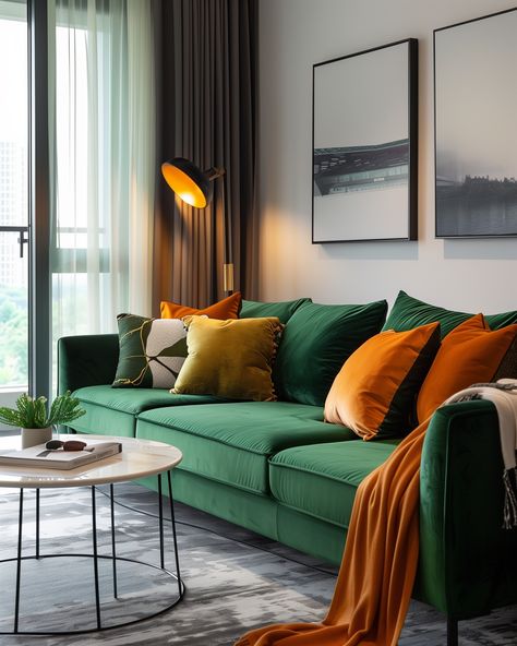 50+ Green Sofa Ideas for a Modern and Cozy Living Room Decor – CreativeBooster Pillows For Green Sofa, Emerald Green And Yellow Living Room, Green Sofa Ideas, Green And Yellow Living Room, Green Sofa Inspiration, Green Couch Decor, Green Sofa Decor, Green Corner Sofas, Modern Green Living Room