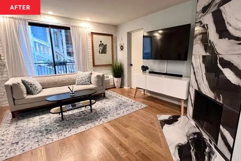 Black And White Marble Fireplace, Condo Fireplace, Interior Define Sofa, Statement Fireplace, White Marble Fireplace, Motel Room, Black And White Living Room, Living Room Redo, Modern Condo