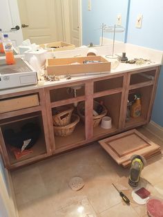 How to Refinish a Bathroom Vanity - Bower Power Redo Bathroom Cabinets, Refinishing Bathroom Vanity, Stripping Bathroom Cabinets, Re Stain Bathroom Vanity, Refinish Bathroom Vanity Cabinet, How To Refurbish Bathroom Vanity, Raising Bathroom Vanity Height, Restaining Bathroom Vanity, Dresser Bathroom Vanity