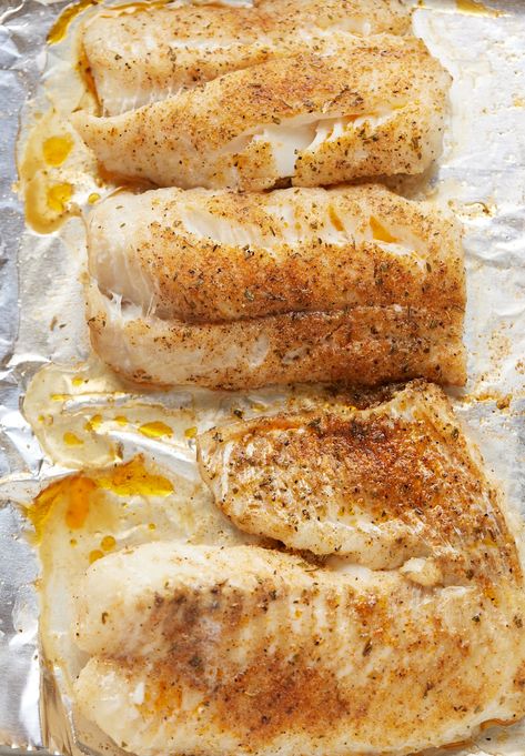 Oven baked fish fillets on a foil lined baking sheet. Baked White Fish Recipes, Oven Baked Fish Recipes, Fish Filet Recipes, Fish Recipes Easy, White Fish Recipes Baked, Baked White Fish, Tilapia Recipes Easy, Fresh Fish Recipes, Walleye Recipes