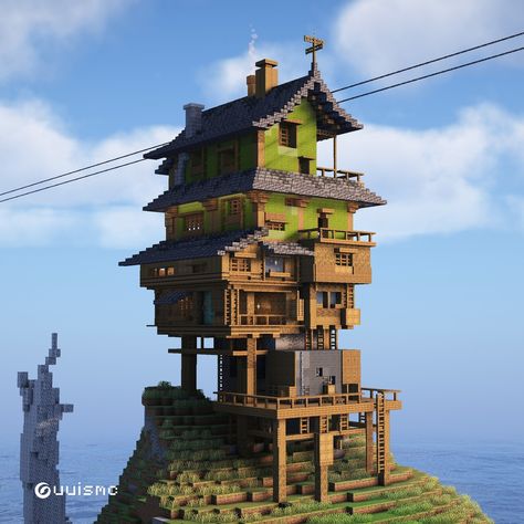 Guuis | Minecraft Builder | Cliffside Eyrie Lemme know what you think ? Built on @bakery_builders #minecraft #minecraftbuilds #minecrafthouse #minecraftideas | Instagram Cute Minecraft Cliff Houses, Minecraft Light House Design, Minecraft Zombie Build, Modded Minecraft Base, Mineshaft Minecraft Ideas, Minecraft Stacked Houses, Cliffside House Minecraft, Minecraft Badlands, Minecraft Port Town