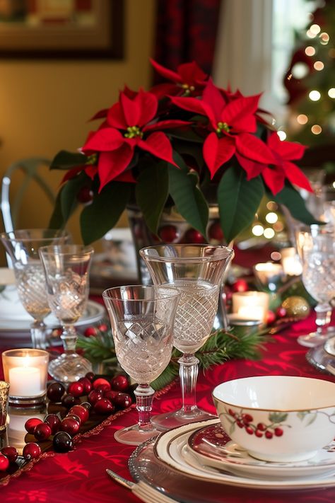 Add a touch of traditional holiday charm to your table with poinsettias and cranberries. Our article explores how to use these festive elements to create a beautiful and vibrant Christmas table setting. Use a simple tablecloth and let the bright red poinsettias and cranberries take center stage as a stunning centerpiece. Scatter some cranberries around the table for a pop of color, and add a few evergreen sprigs for a natural touch. It’s a classic and elegant way to decorate your table, ... Christmas Inn, Christmas Dining Table Decorations, Christmas Table Setting Ideas, Christmas Dinner Table Settings, Decorate Your Fireplace, Dining Table Decorations, Christmas Dining Table Decor, Decor Centerpieces, Holiday Table Centerpieces