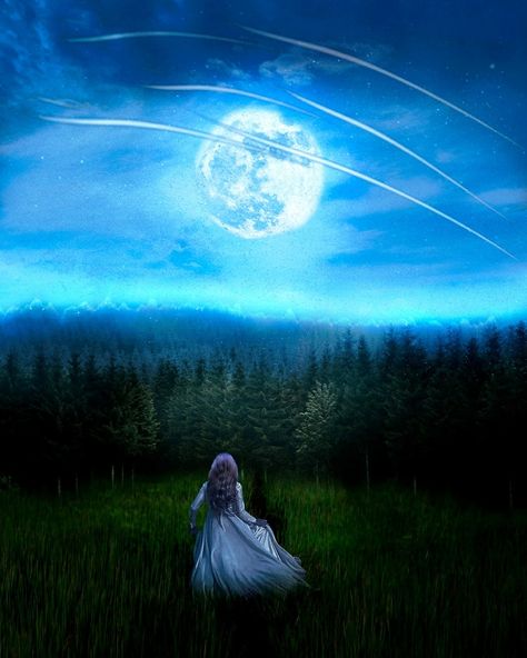 Girl Watching Moon, Middle Of Night, Sky Moon, Landscape Art Painting, Girls Watches, 2 Girl, Blonde Girl, Landscape Art, The Moon