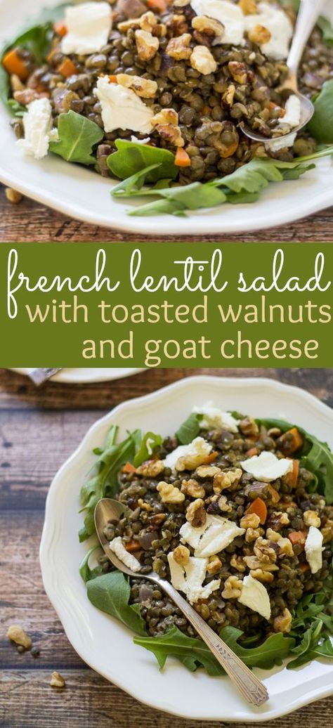 Toasted walnuts and fresh goat cheese make this classic French Lentil Salad a special treat! Veggie Dressing, Vegetarian Cornbread, Vegetarian Dressing, French Lentil Salad, Vegetarian Turkey, Thanksgiving Vegetarian, Salad With Walnuts, Trendy Recipes, Vegetarian Taco