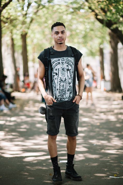 The Men of AFROPUNK Concert Outfits For Men, Men’s Punk Outfit, Goth Outfits Men Summer, Men Punk Outfits, Afropunk Fashion Men, Mens Summer Goth Outfits, Alternative Mens Fashion Punk, Rave Fashion Men, Mens Alt Fashion