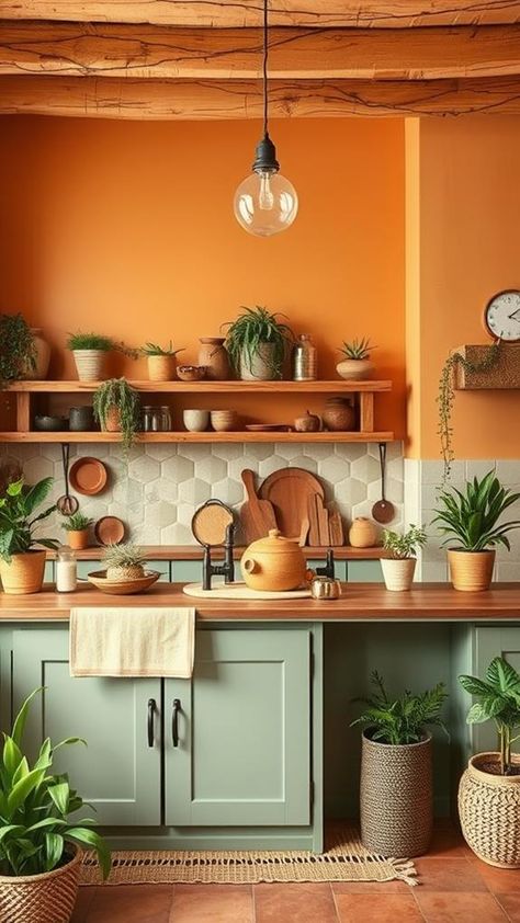 If you're looking to create a cozy and welcoming kitchen, embracing boho-inspired design elements might be just what you need. By incorporating earthy color palettes and natural materials, you can foster an inviting atmosphere that feels both warm and stylish. Colorful Tiny Kitchen, Bright Neutral Kitchen, Desert Aesthetic Kitchen, Green And Rust Kitchen, Boho Galley Kitchen Ideas, Cosy Small Kitchen, Natural Materials Kitchen, Boho Inspired Kitchen, Bright Earthy Kitchen